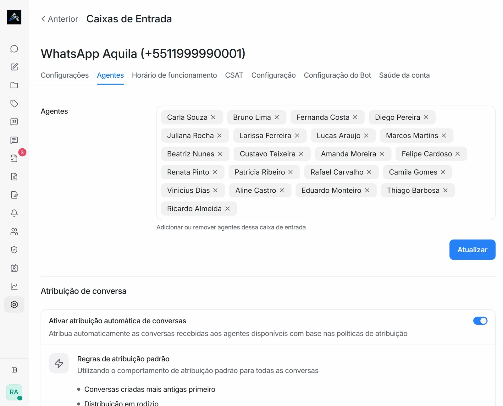 Lista de agentes vinculados a uma única caixa de entrada de WhatsApp