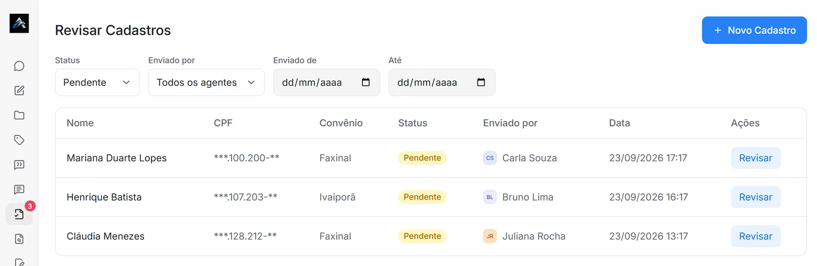 Aba Revisar Cadastros com lista de cadastros pendentes e botão Revisar