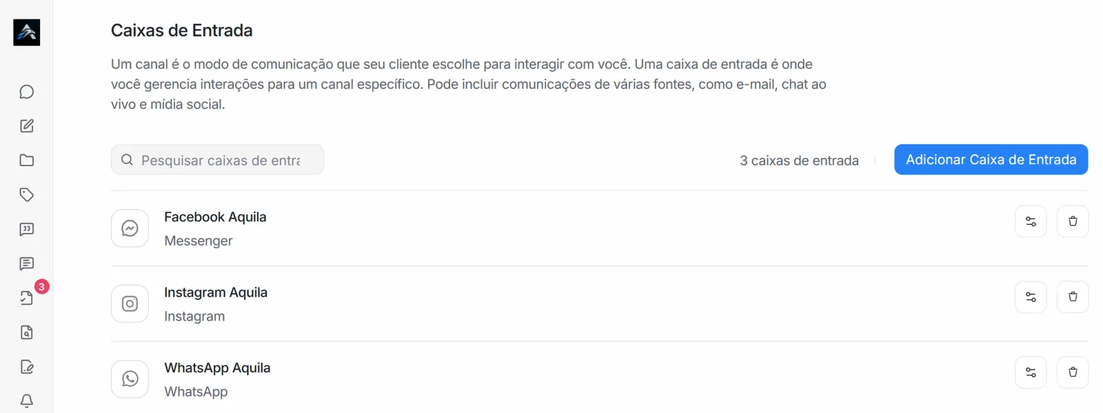 Três caixas de entrada conectadas: Facebook, Instagram e WhatsApp