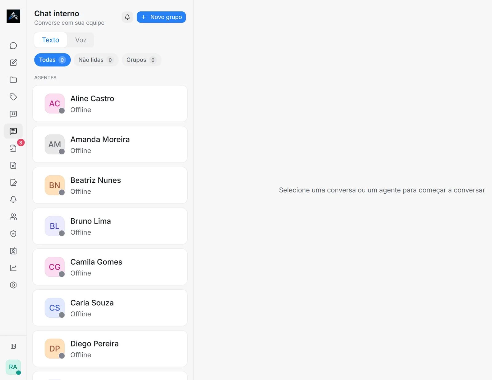 Chat interno com a lista de atendentes da equipe