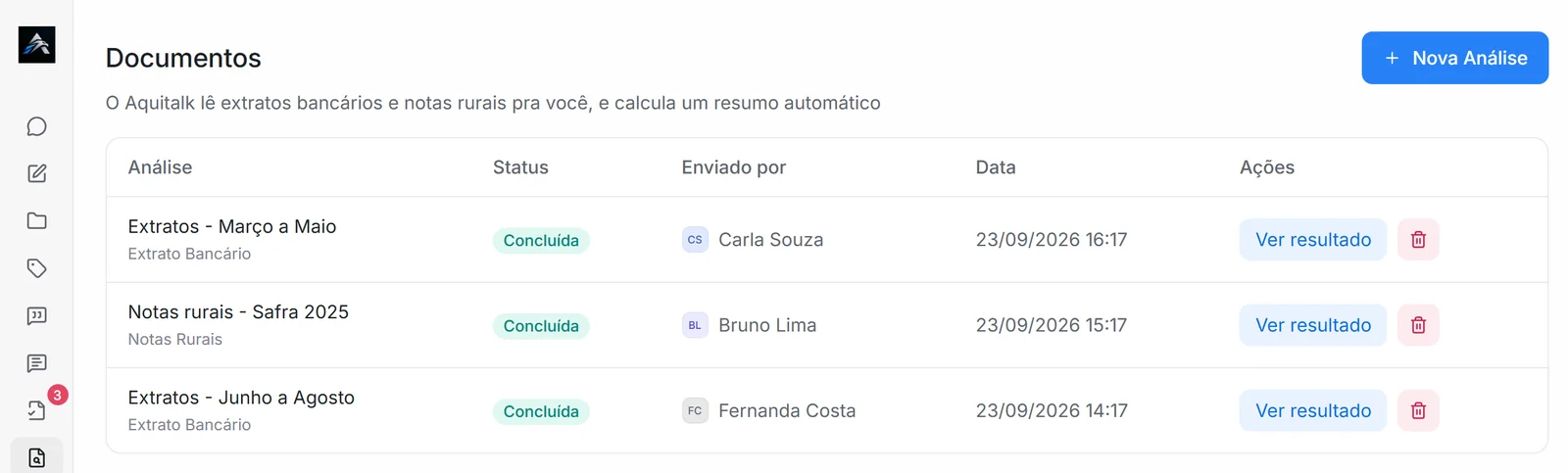 Aba Documentos com análises de extratos bancários e notas rurais concluídas