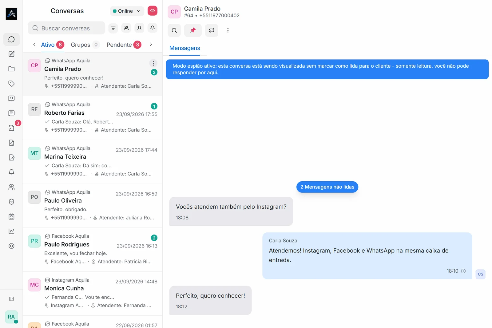 Visão do gestor com aviso de modo espião: conversa em somente leitura