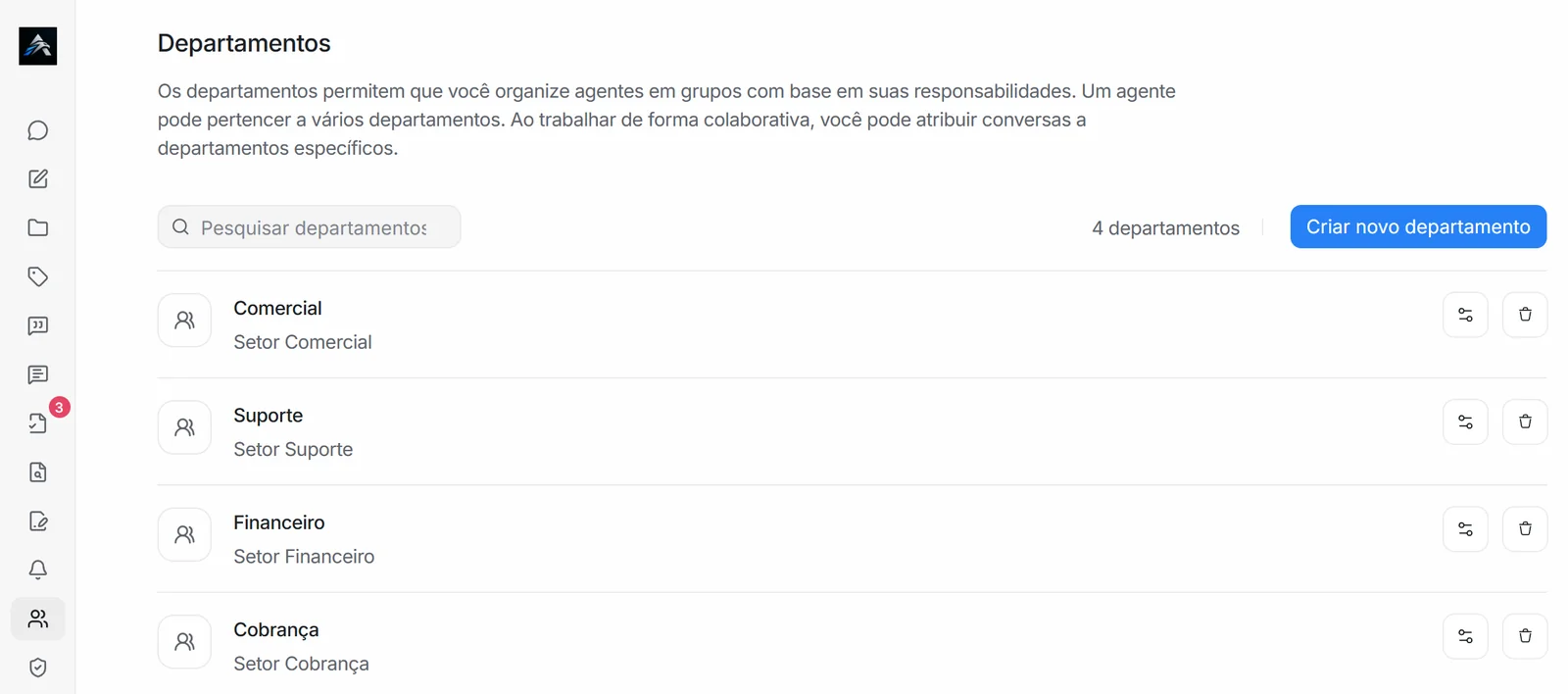 Tela de configuração de departamentos: Comercial, Suporte, Financeiro e Cobrança